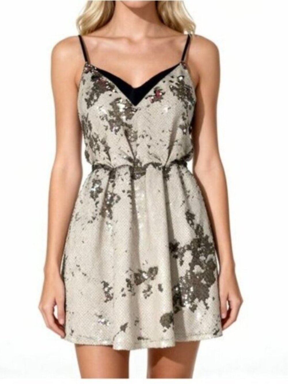 Adelyn Rae Reversible Sequin Blouson Mini Dress Cream And Gold Size Medium